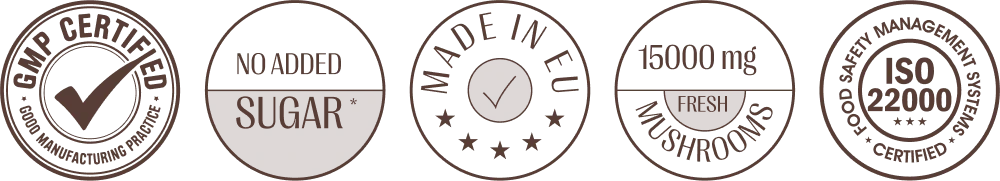 GMP certified, no added sugar, made in EU, fresh mushrooms, ISO 22000