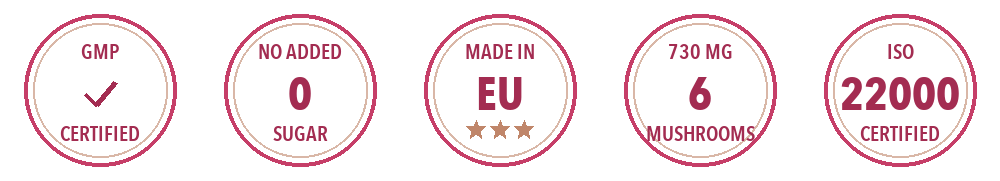 GMP certified, no added sugar, made in EU, fresh mushrooms, ISO 22000